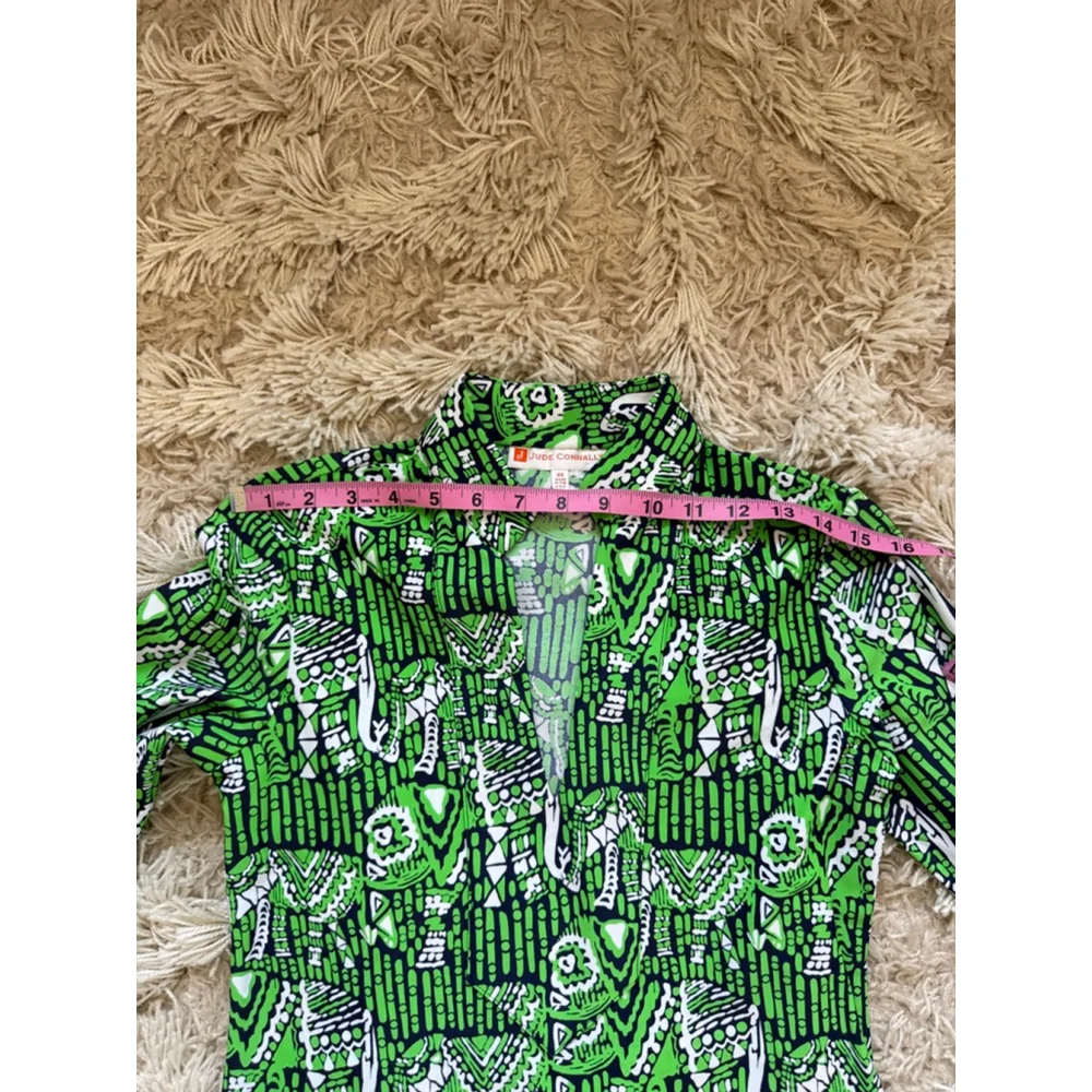 Women's Jude Connally XS Green White Elephant Print Long Sleeve Dress